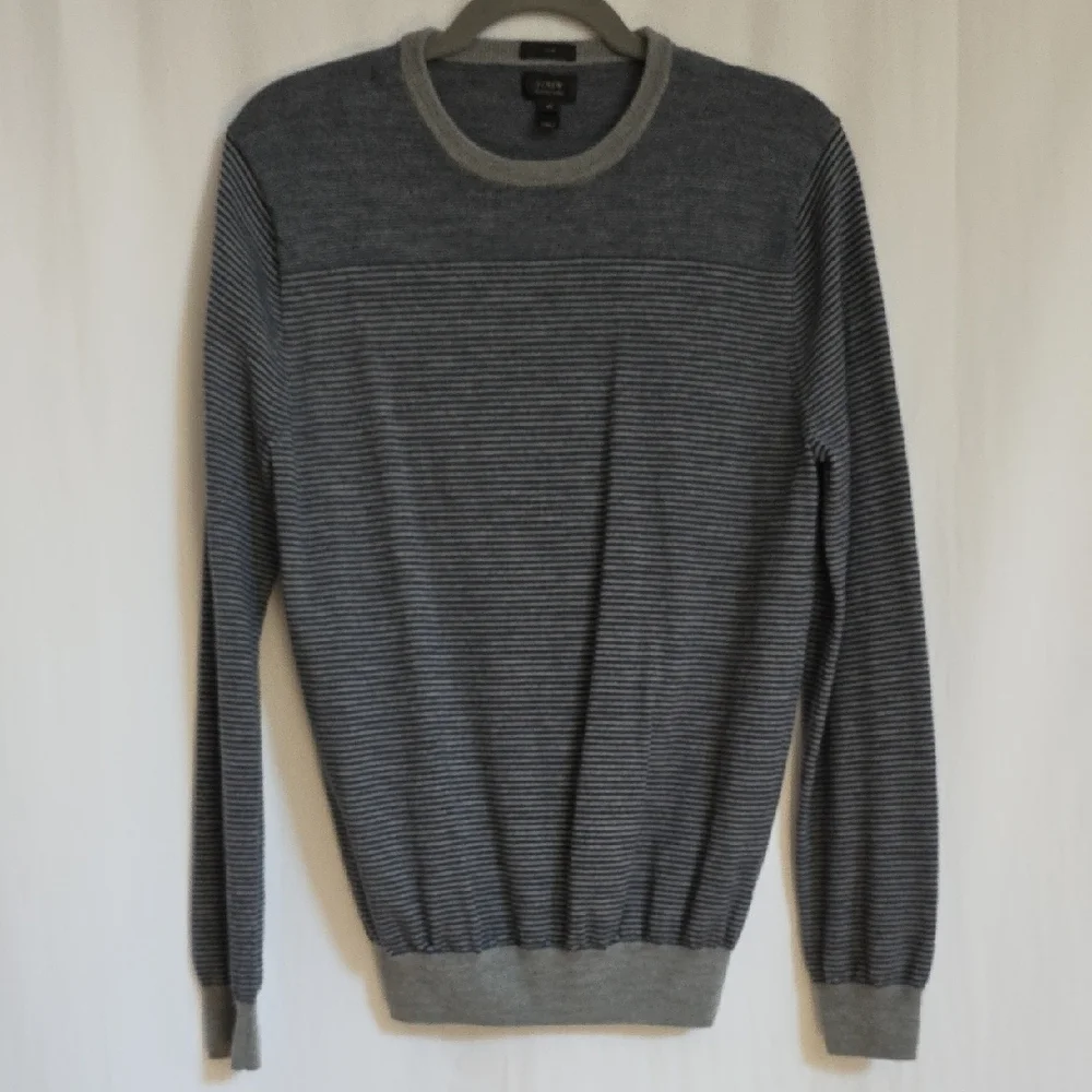 J. Crew Blue & Gray Stripe Merino Wool Mens Sweater.  Size Medium